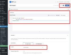 Step-by-step process using WPCode → Add Snippet to correctly place AMP Auto Ads code