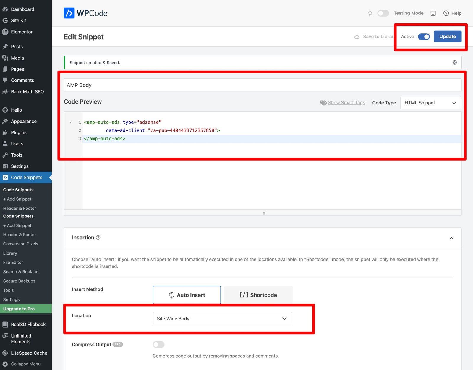 Step-by-step process using WPCode → Add Snippet to correctly place AMP Auto Ads code
